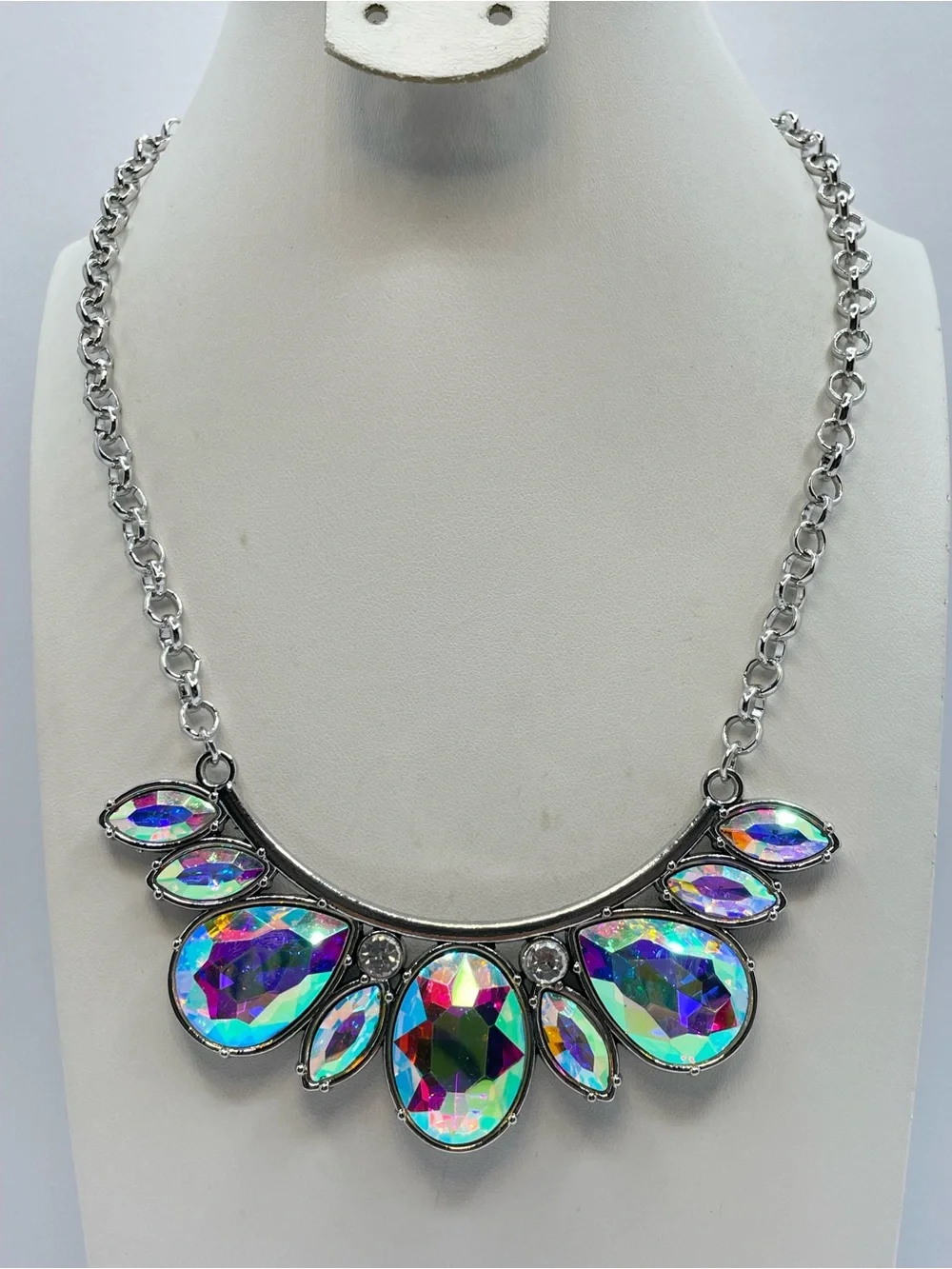 Silver AB Crystal Statement Bib Necklace Iridescent Glam Bold